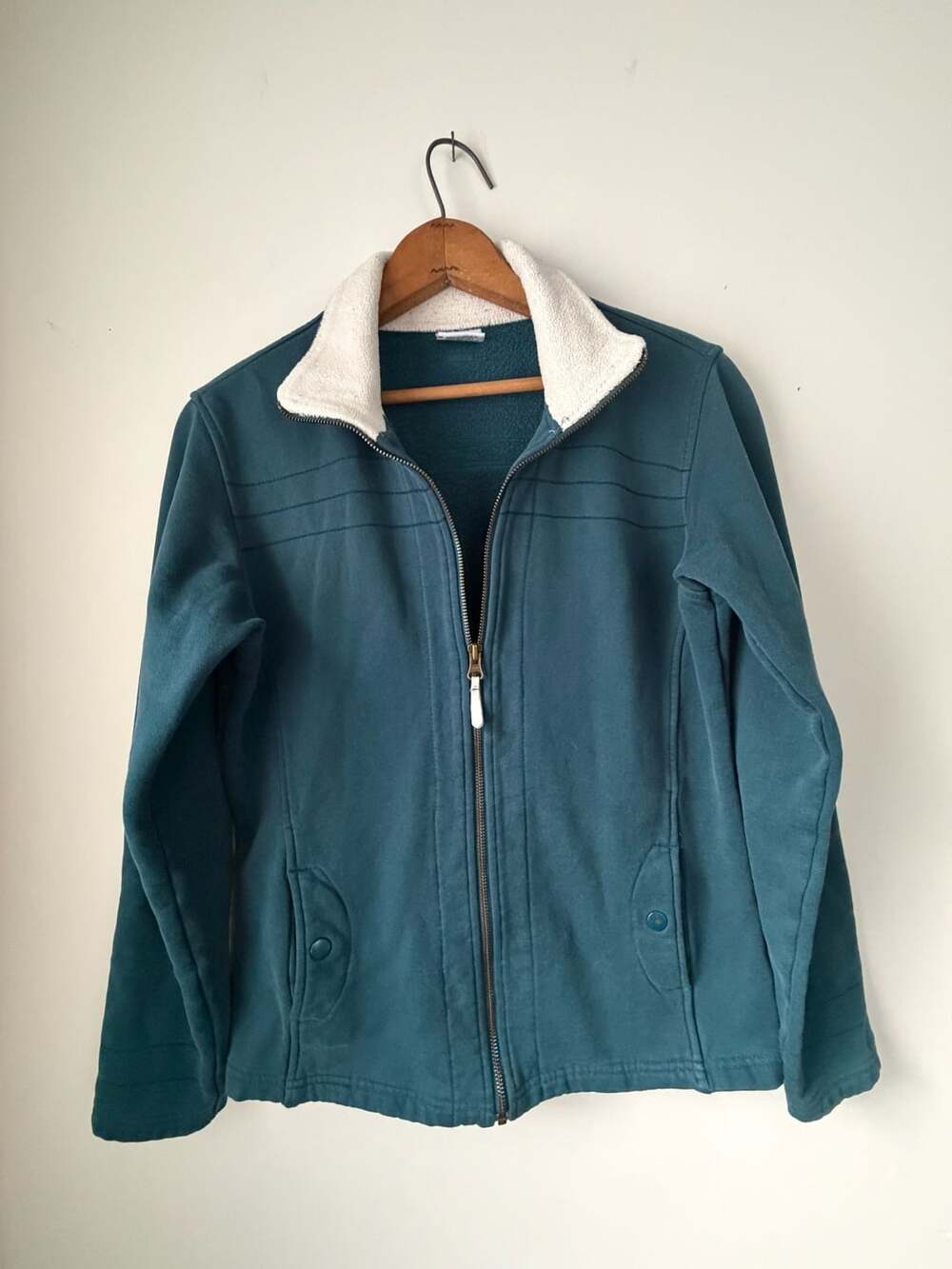 Columbia Sherpa Lined Collar Fleece Jacket Slate Blue Teal Womens Medium